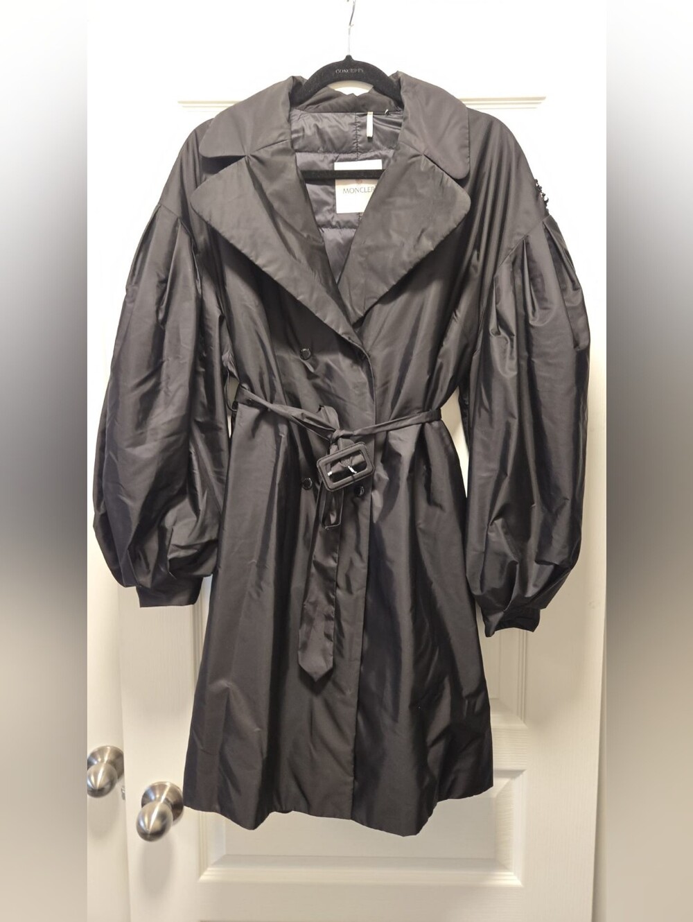 Moncler Black Belted Trench Coat with Puffed Sleeves